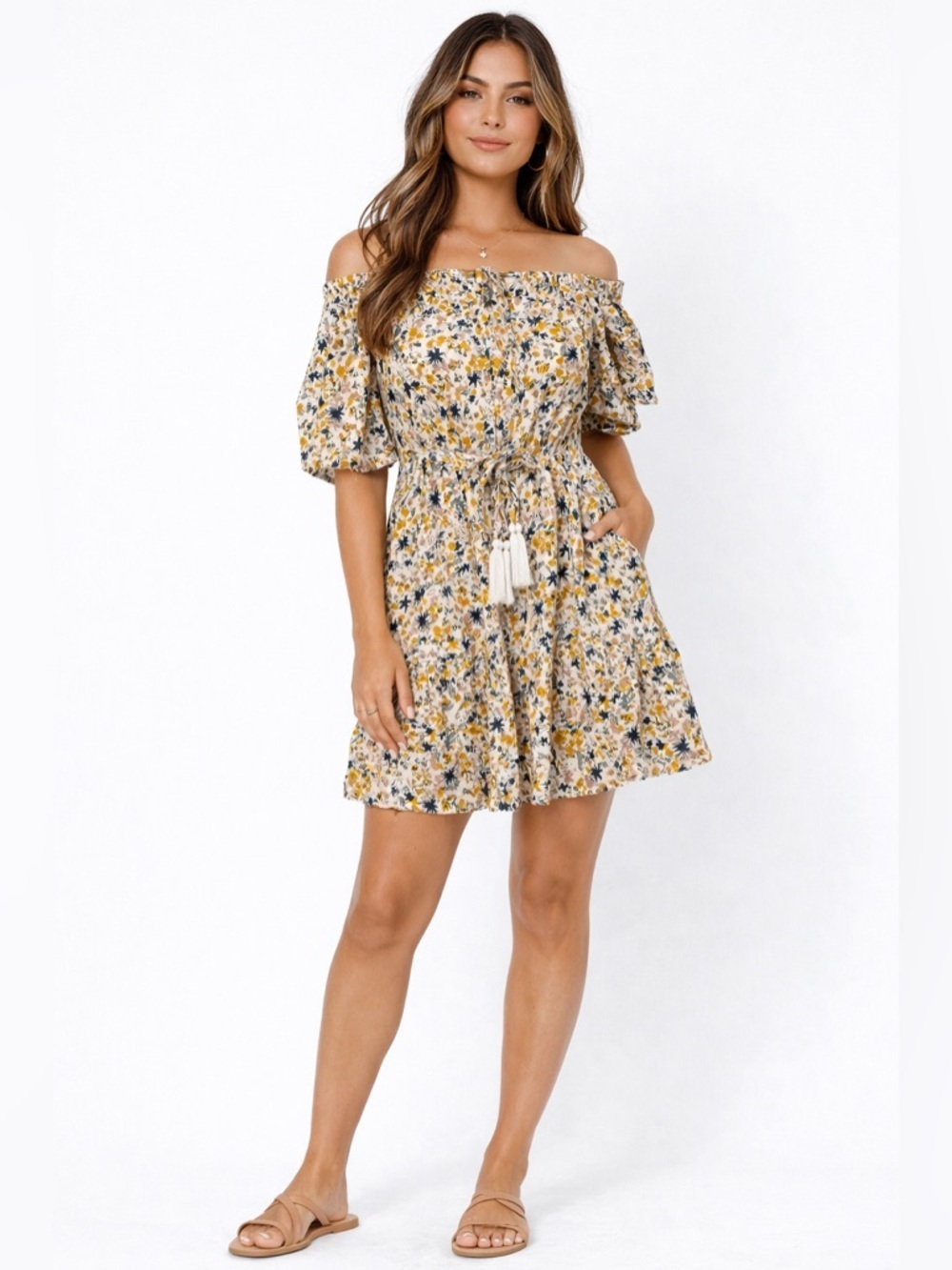 Cynthia Rowley Off Shoulder Mini Dress Tie Waist Tassel Boho Cottagecore Small
